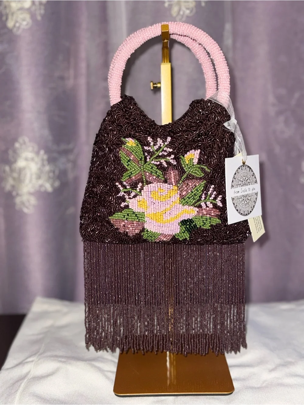 NWT “From India to You” Hand Beaded Floral Fringe Evening Bag